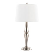 Set of two Lumi Source Sawyer contemporary table lamps with nickel bases and white shades, ideal for modern living spaces.