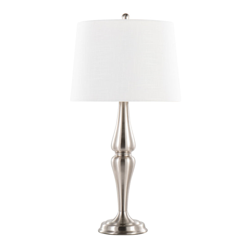 Set of two Lumi Source Sawyer contemporary table lamps with nickel bases and white shades, ideal for modern living spaces.