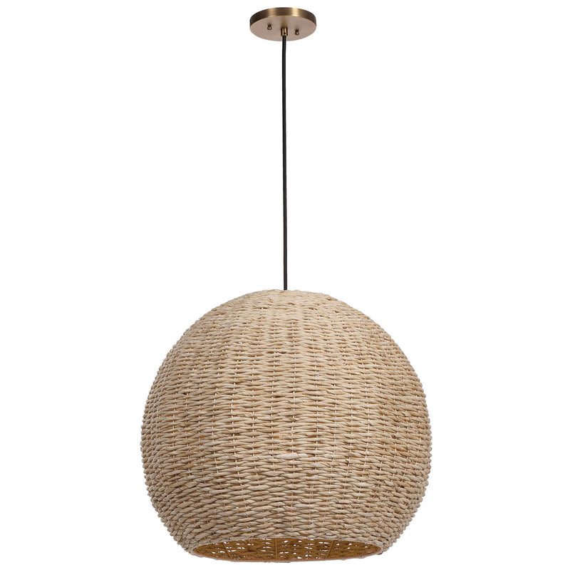 Uttermost seagrass 1-light dome pendant in light brown with woven seagrass shade, suitable for modern or coastal interior lighting.