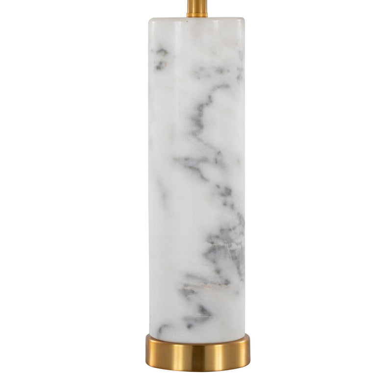 Set of two Lumi Source Marabella contemporary marble table lamps with brass accents and white shades, perfect for modern decor.