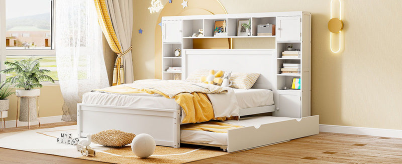DreamHaus twin long trundle cabinet bed with integrated shelf and sockets, featuring a sleek all-in-one design and storage options.