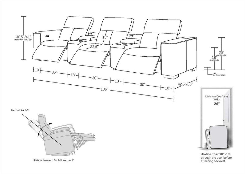 1208 - Leather Sofa With 3 Power Recliners And Two Storage Consoles