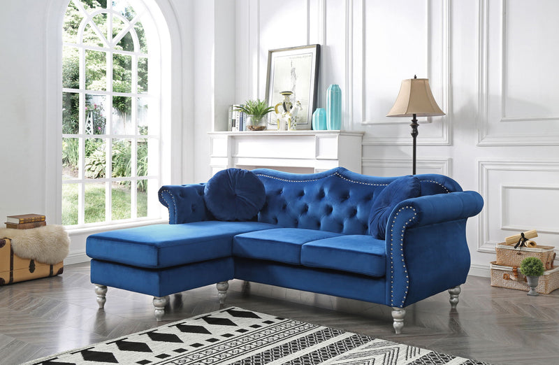 Glory Furniture Hollywood stationary sectional sofa with chaise lounge, beige fabric, and plush cushions.