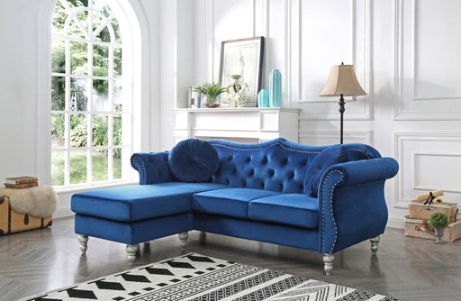 Glory Furniture Hollywood stationary sectional sofa with chaise lounge, beige fabric, and plush cushions.