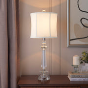 Lumi Source Karat contemporary crystal table lamp set with clear crystal bases, chrome accents, and white softback shades.