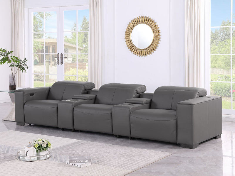 1208 - Leather Sofa With 3 Power Recliners And Two Storage Consoles - R&R Furniture Gallery (Fountain Valley, CA)