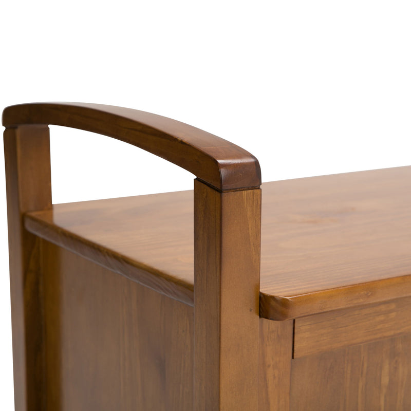 Handcrafted Warm Shaker entryway storage bench by Simpli-Home with wooden seat and built-in storage compartment.