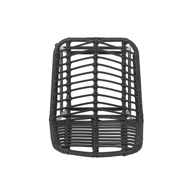 Set of two Noble House Sawtelle outdoor wicker barstools with cushioned seats and metal frame, ideal for patio or backyard seating.
