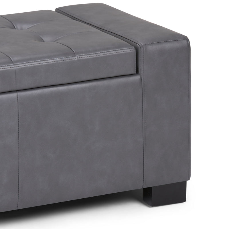 Large contemporary storage ottoman by Simpli-Home with fabric upholstery and wooden legs, open lid revealing interior storage space.