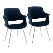 Set of two Lumi Source vintage flair art deco accent chairs with chrome legs in yellow, black, blue, or cream upholstery.
