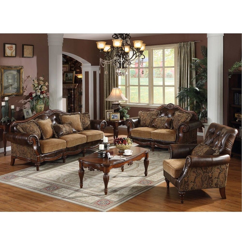 Dreena - Sofa With 5 Pillows - Two Tone Brown Synthetic Leather & Chenille Cherry - R&R Furniture Gallery (Fountain Valley, CA)