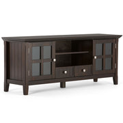 Simpli-Home Acadian TV media stand with open shelves and storage compartments, ideal for modern living room organization.