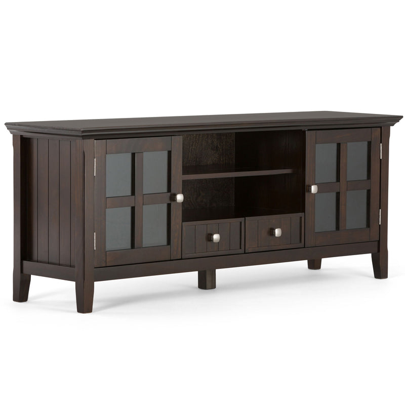 Simpli-Home Acadian TV media stand with open shelves and storage compartments, ideal for modern living room organization.