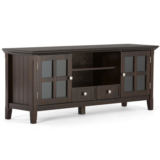 Simpli-Home Acadian TV media stand with open shelves and storage compartments, ideal for modern living room organization.