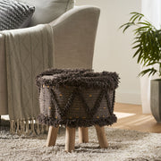 Dark brown wool and cotton foot stool with eucalyptus wood frame, handcrafted ottoman from Noble House.
