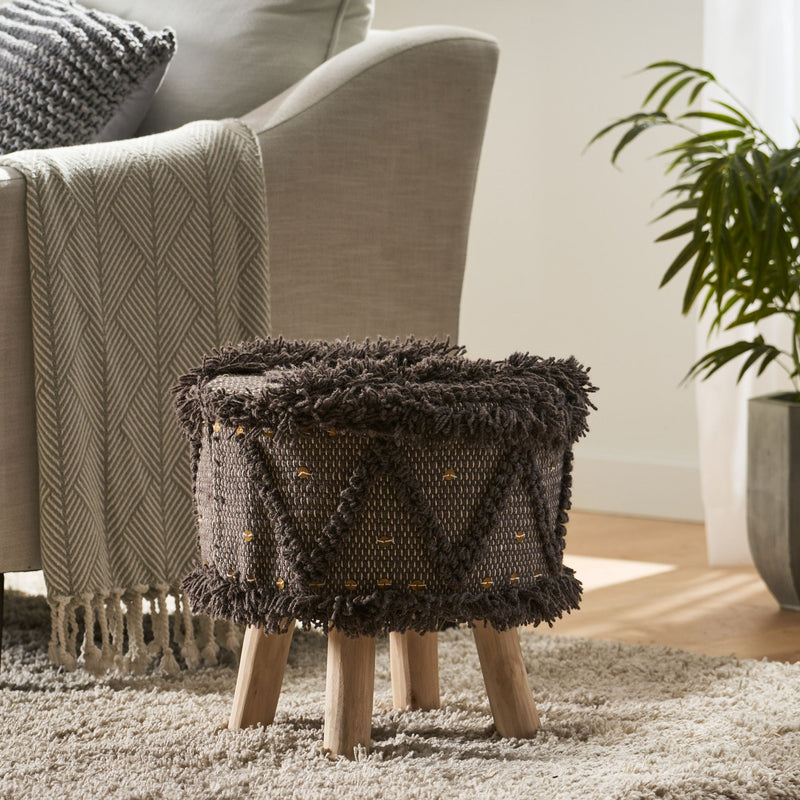 Dark brown wool and cotton foot stool with eucalyptus wood frame, handcrafted ottoman from Noble House.