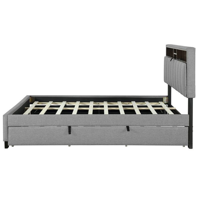 Upholstered Platform Bed With Storage Headboard, Trundle & 2 Drawers And A Set Of Sockets & USB Ports - R&R Furniture Gallery (Fountain Valley, CA)