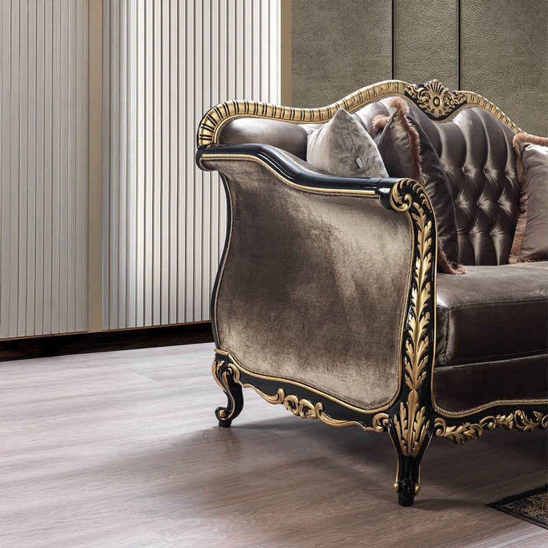 Betria - Loveseat With 4 Pillows - Light Green Velvet, Gold & Black High Gloss - R&R Furniture Gallery (Fountain Valley, CA)