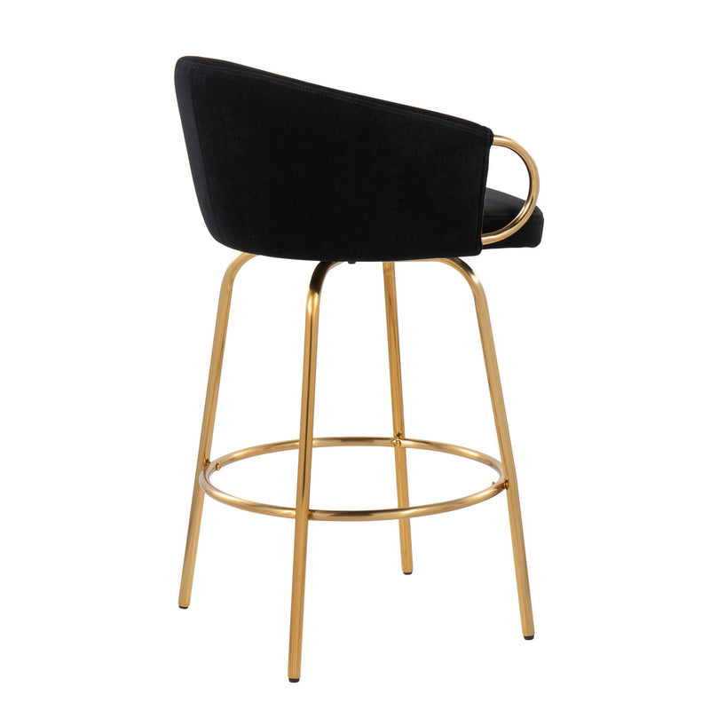 Pair of Lumi Source Claire contemporary glam counter stools with upholstered seats and sleek metal legs, set of two.