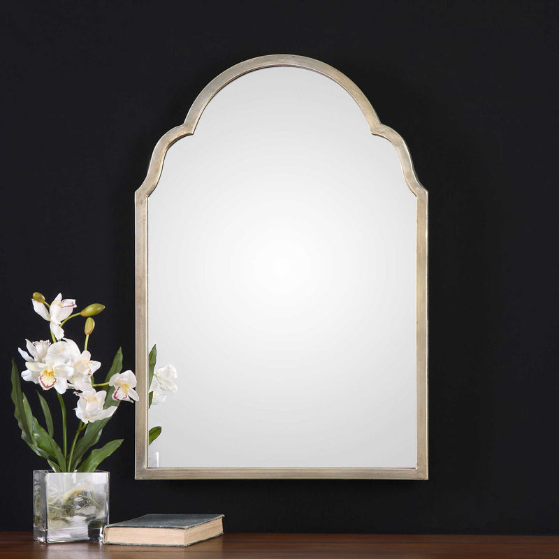 Uttermost Brayden Petite Arch Silver Wall Mirror with sleek curved design and modern frame, ideal for contemporary decor.
