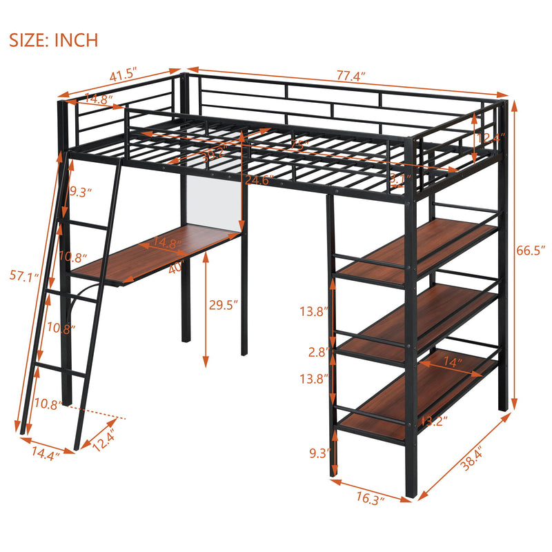 Loft Metal Bed With 3 Layers Of Shelves And Desk, Stylish Metal Frame Bed With board - R&R Furniture Gallery (Fountain Valley, CA)