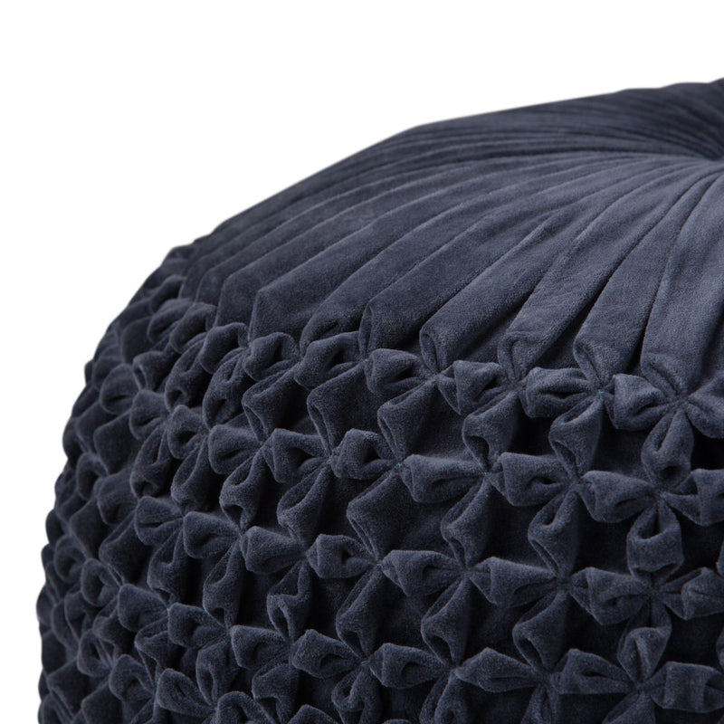 Simpli-Home Renee handcrafted round accent pouf in neutral fabric, versatile and stylish for living room or bedroom decor.