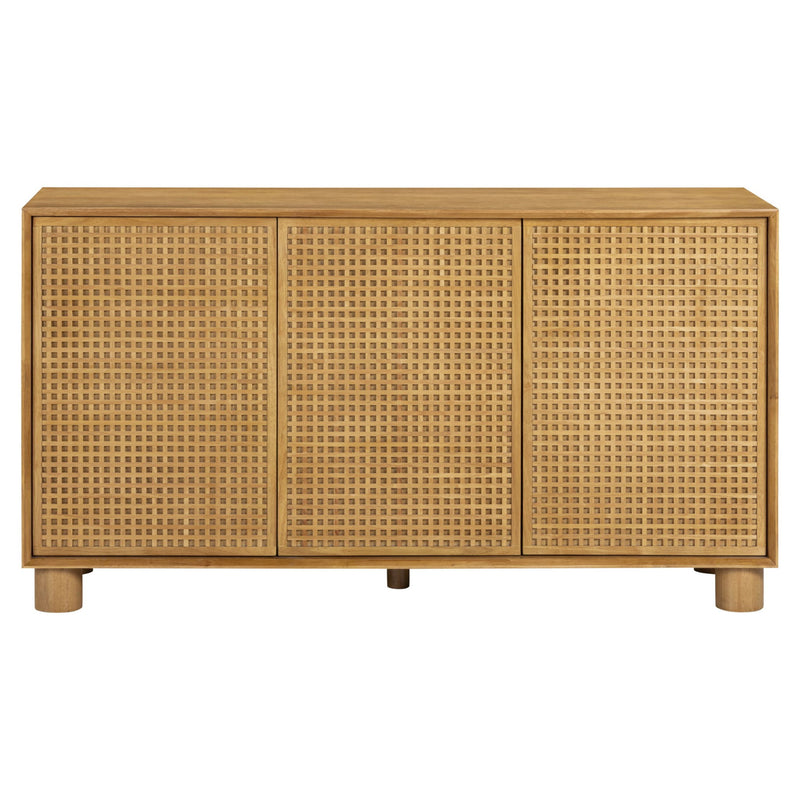TOV Furniture Miles 3-door sideboard in natural wood finish with sleek modern design and metal handles.