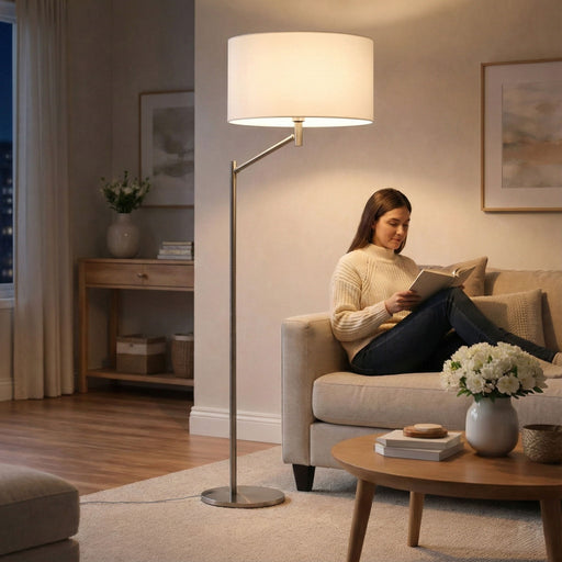Horizon - Table Lamp With On / Off Switch Curved Base Linen Shade - Brushed Nickel / Silver / White - R&R Furniture Gallery (Fountain Valley, CA)