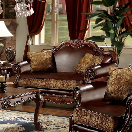 Dresden - Loveseat With 2 Pillows - Brown Synthetic Leather & Chenille, Cherry Oak - R&R Furniture Gallery (Fountain Valley, CA)