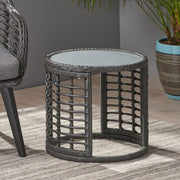 Achill - Outdoor Modern Boho Wicker Side Table With Glass Top - Gray - R&R Furniture Gallery (Fountain Valley, CA)