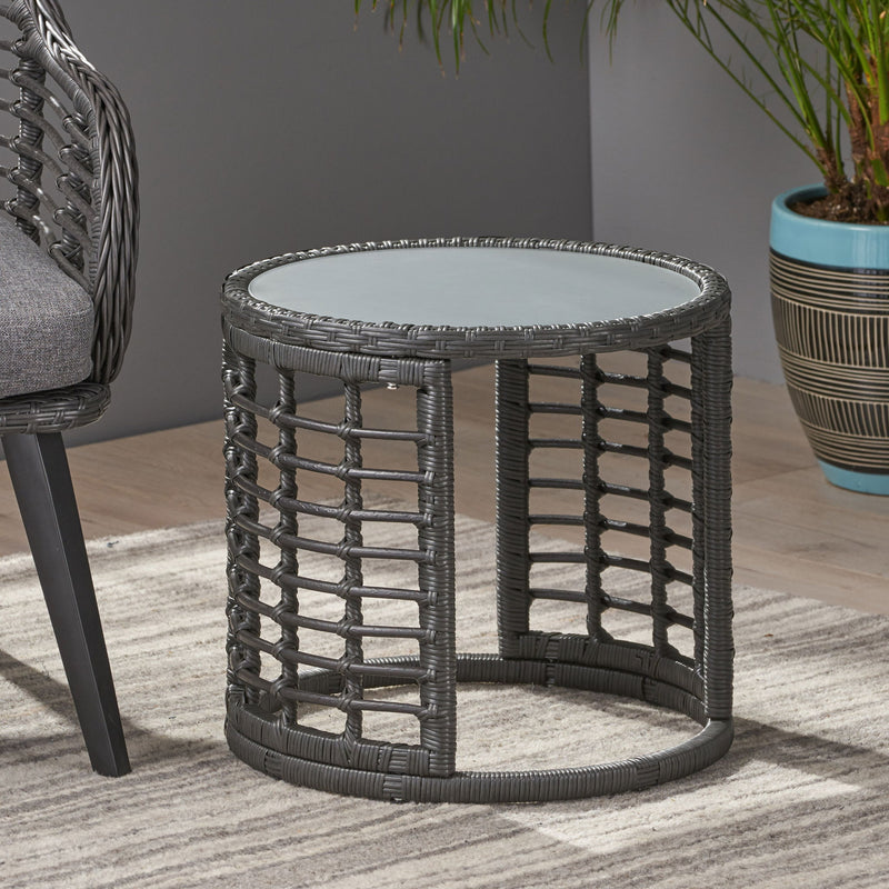 Achill - Outdoor Modern Boho Wicker Side Table With Glass Top - Gray - R&R Furniture Gallery (Fountain Valley, CA)