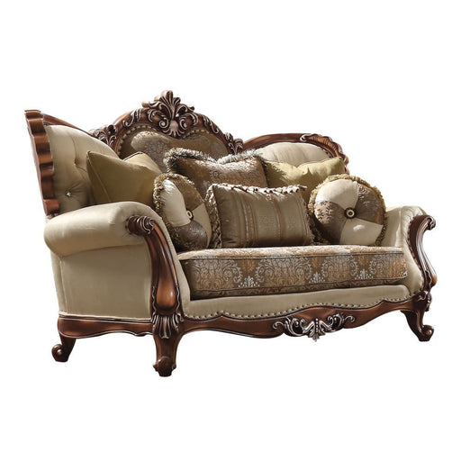 Latisha - Loveseat With 6 Pillows (Same Lv01577) - Tan, Pattern Fabric & Antique Oak - R&R Furniture Gallery (Fountain Valley, CA)