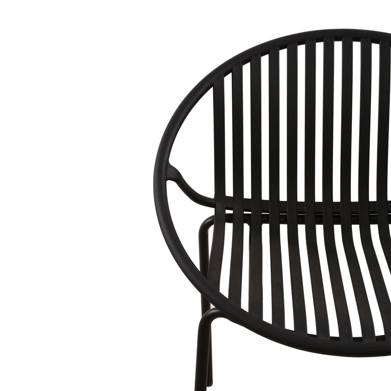 Set of two Noble House stackable outdoor chairs with breathable plastic backrests, perfect for patio or garden seating.