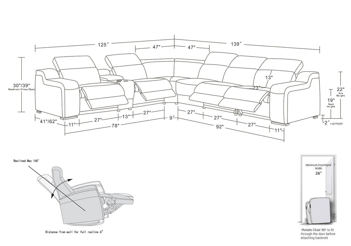 1116 - 7-Piece L-Shaped Sectional Sofa In With 4 Power Recliners & Power Headrests