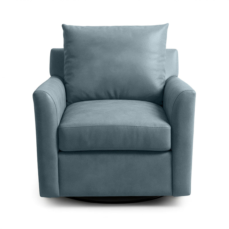 Classic Home Olivia swivel chair with plush beige upholstery and wooden base, designed for comfortable seating and modern style.