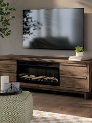 Signature Design by Ashley Zadilyn TV stand with built-in fireplace, modern wood finish, and spacious storage compartments.