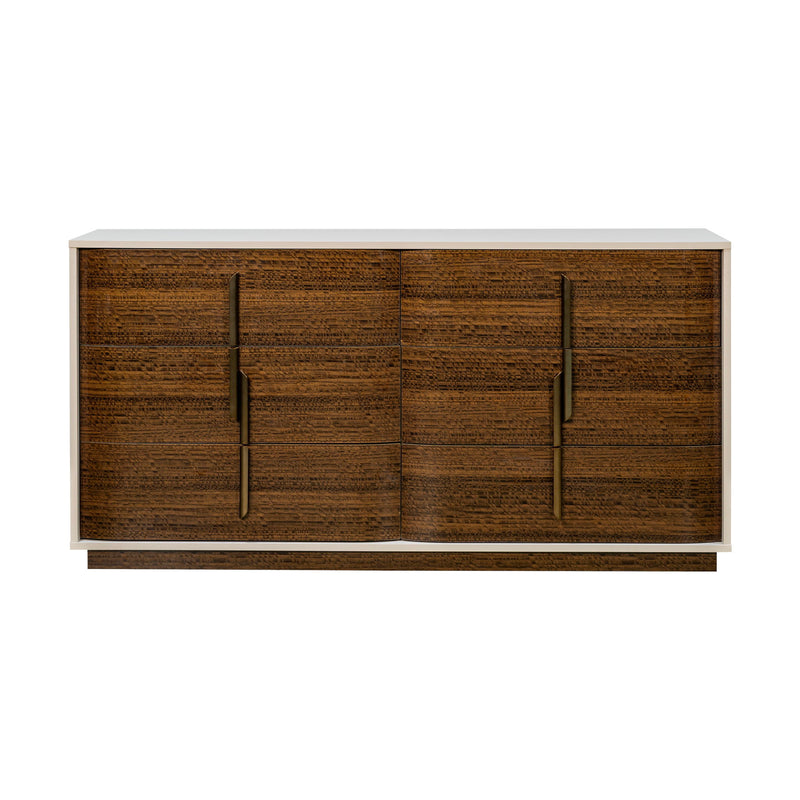 Michael Amini Pavira dresser and mirror set with elegant wood finish and modern design, showcasing the dresser's drawers and matching mirror.