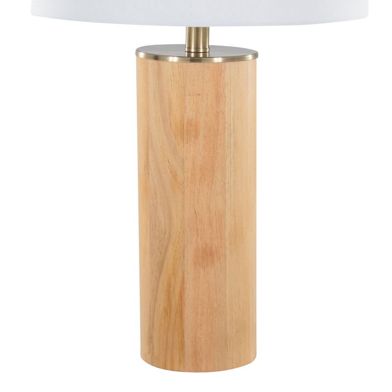 Contemporary Ash and Antique Brass Cylinder Table Lamp by Lumi Source with white shade, modern design, and sleek finish.