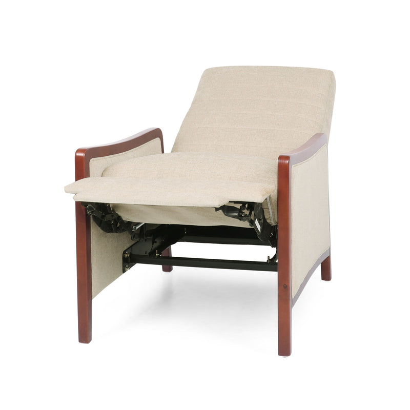 Mid-century modern fabric channel stitch wood pushback recliner by Noble House, showcasing sleek design and comfortable reclining features.
