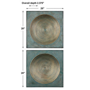 Pair of Uttermost Sybil Squares wall decor in antique gold with textured geometric designs on a neutral background.