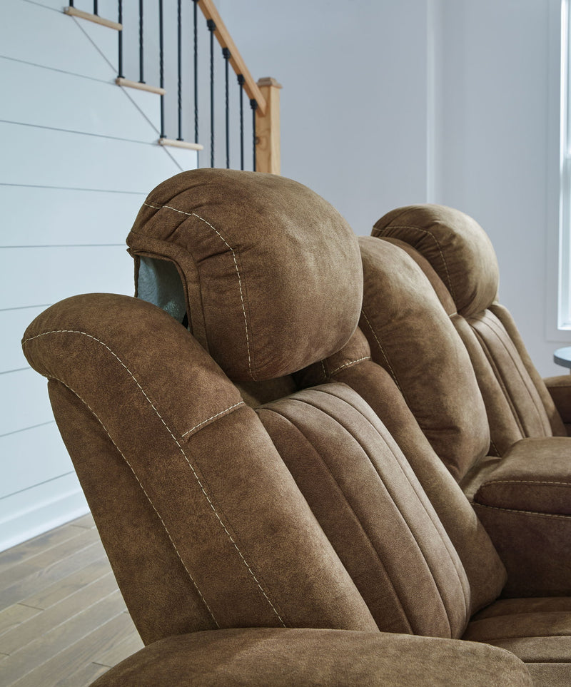 Wolfridge - Power Reclining Loveseat With Console /Adj Hdrst - Brindle - R&R Furniture Gallery (Fountain Valley, CA)