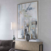 Hand painted canvas art titled Natural Springs by Uttermost featuring pearl silver tones, showcasing a serene landscape.