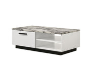 Lilola Home Matilda coffee table with white faux marble top, modern design, and sleek white finish.