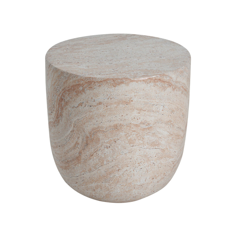 Beige lightweight concrete side table with travertine top, suitable for outdoor or indoor use, by Noble House.