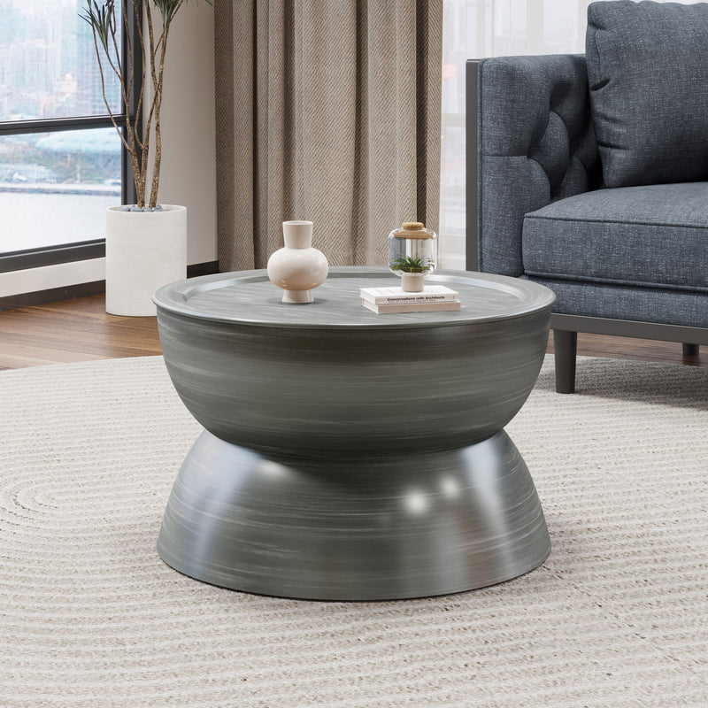 Modern Noble House Sparling iron hourglass coffee table with sleek metal frame and glass top, stylish centerpiece for living room.