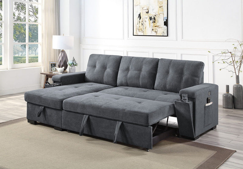 Toby - Woven Fabric Reversible Sleeper Sectional Sofa With Storage Chaise Cup Holder Charging Ports And Pockets - R&R Furniture Gallery (Fountain Valley, CA)