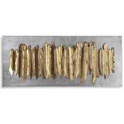 Gold metal wall decor by Uttermost featuring an intricate, modern design suitable for contemporary interior accents.