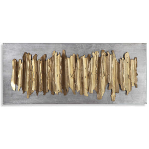 Gold metal wall decor by Uttermost featuring an intricate, modern design suitable for contemporary interior accents.