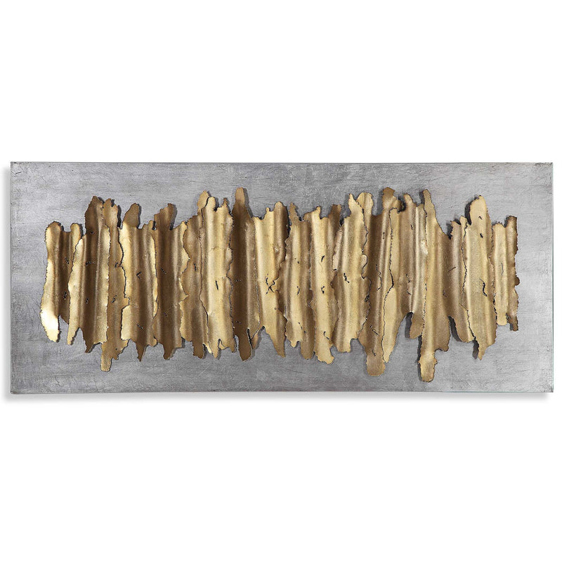 Gold metal wall decor by Uttermost featuring an intricate, modern design suitable for contemporary interior accents.