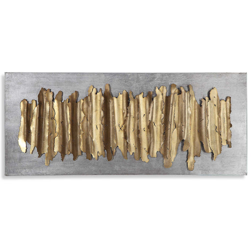Gold metal wall decor by Uttermost featuring an intricate, modern design suitable for contemporary interior accents.